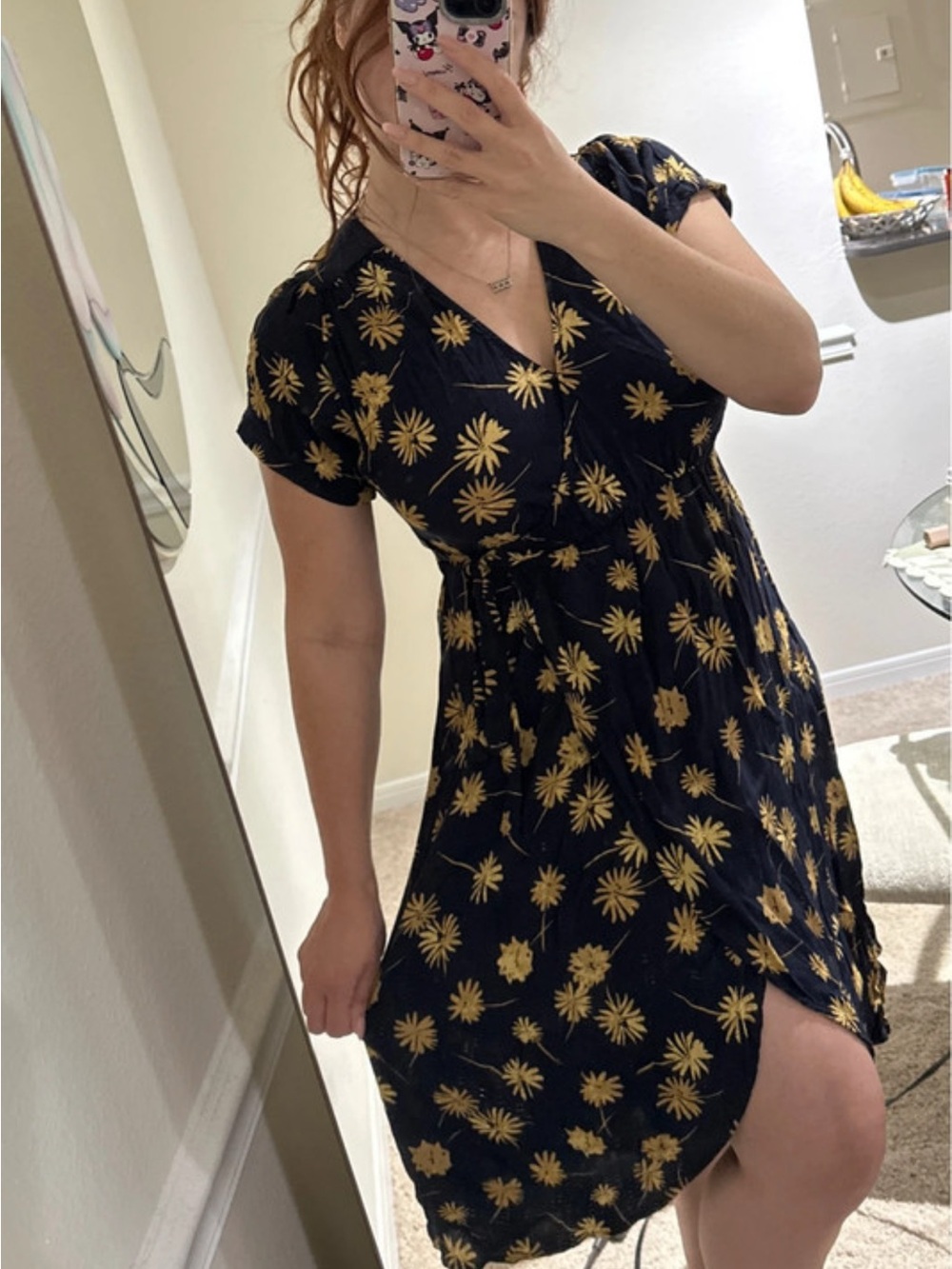 Urban Outfitters Navy Midi Dress with Yellow Floral Print
